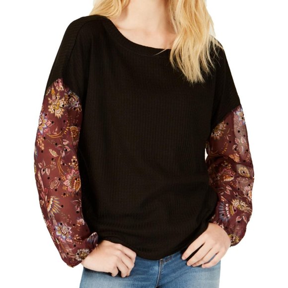 Gypsies & Moondust Juniors Medium (m) Waffle Knit Sheer Sleeve Top Wine Black - Picture 1 of 2